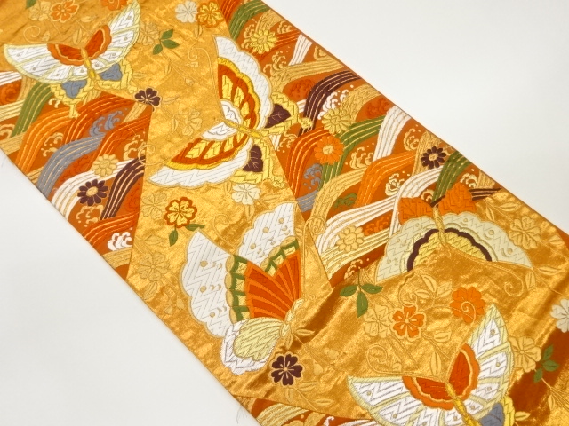 蝶に枝垂れ桜・花・波模様織出し袋帯